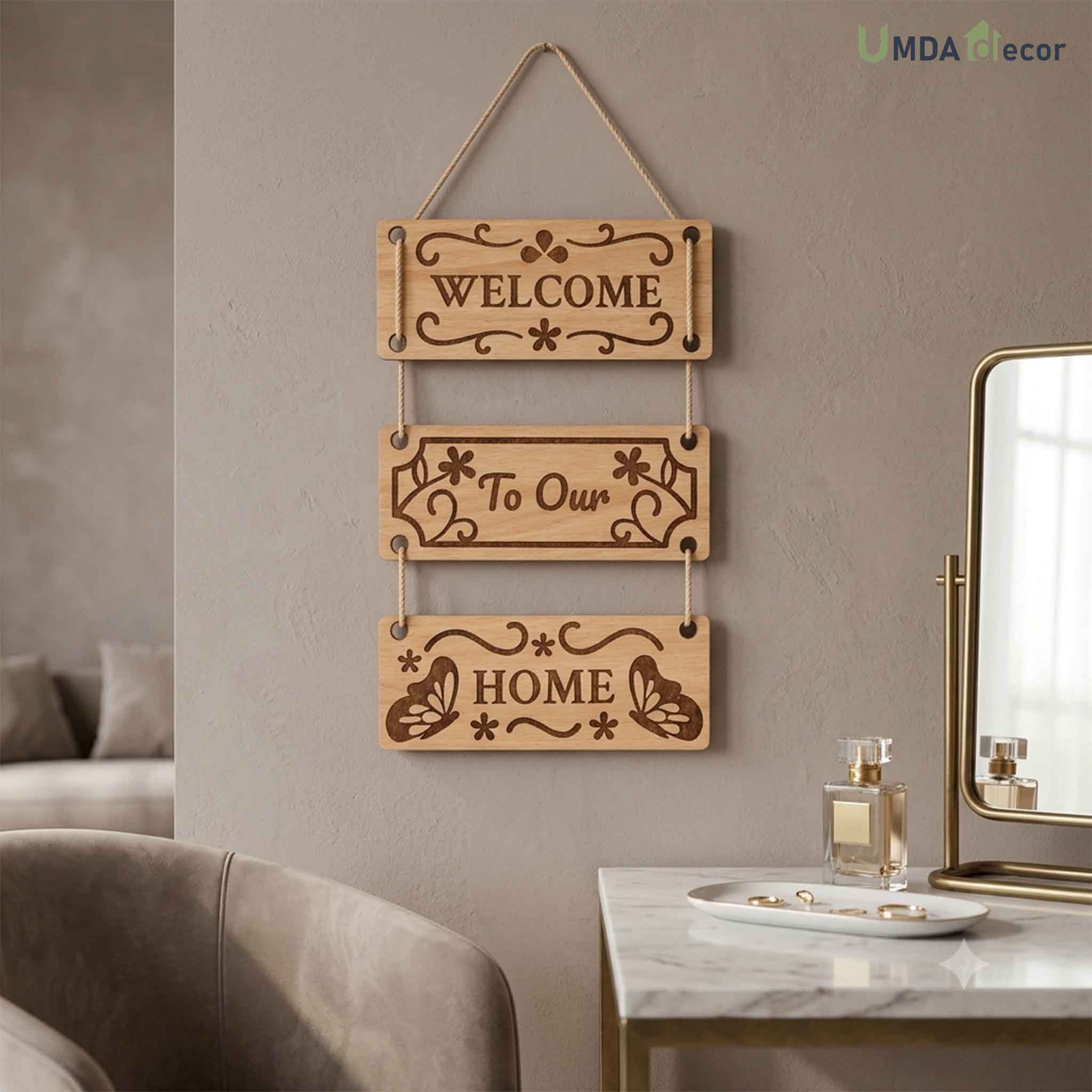 Rustic Welcome 3-Panel MDF Wall Hanging Rustic Wall Hanging Light Wood Welcome Sign