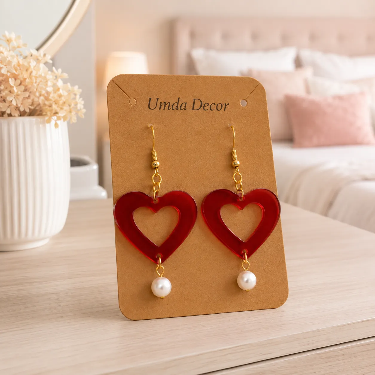 Ruby Red Heart Pearl Acrylic Earrings Ruby Red Heart Acrylic Earrings