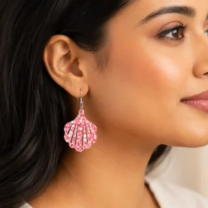 Rosy Pink Speckled Shell Acrylic Earrings & Pendant Set - Image 3