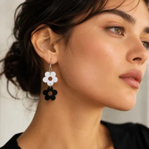 Double Daisy Black & White Acrylic Earrings Double Daisy Earrings (Black & White)