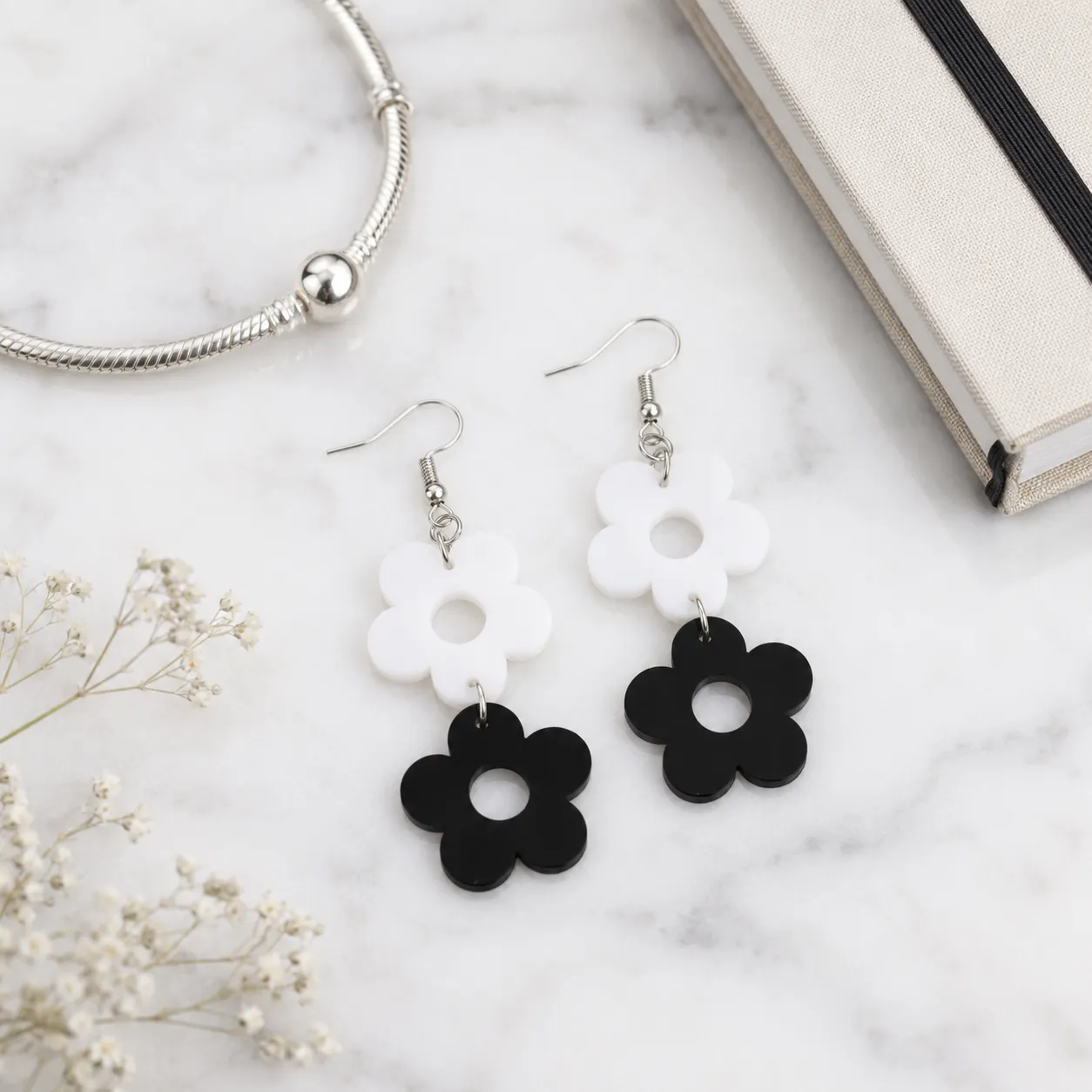 Double Daisy Black & White Acrylic Earrings Double Daisy Earrings (Black & White)
