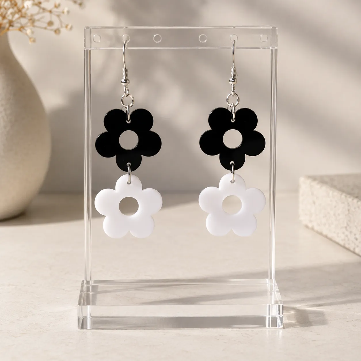Double Daisy Black & White Acrylic Earrings Double Daisy Earrings (Black & White)