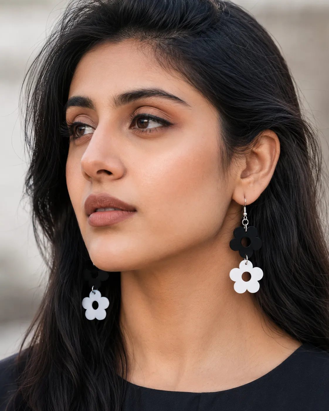 Double Daisy Black & White Acrylic Earrings Double Daisy Earrings (Black & White)
