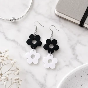 Double Daisy Black & White Acrylic Earrings Double Daisy Earrings (Black & White)