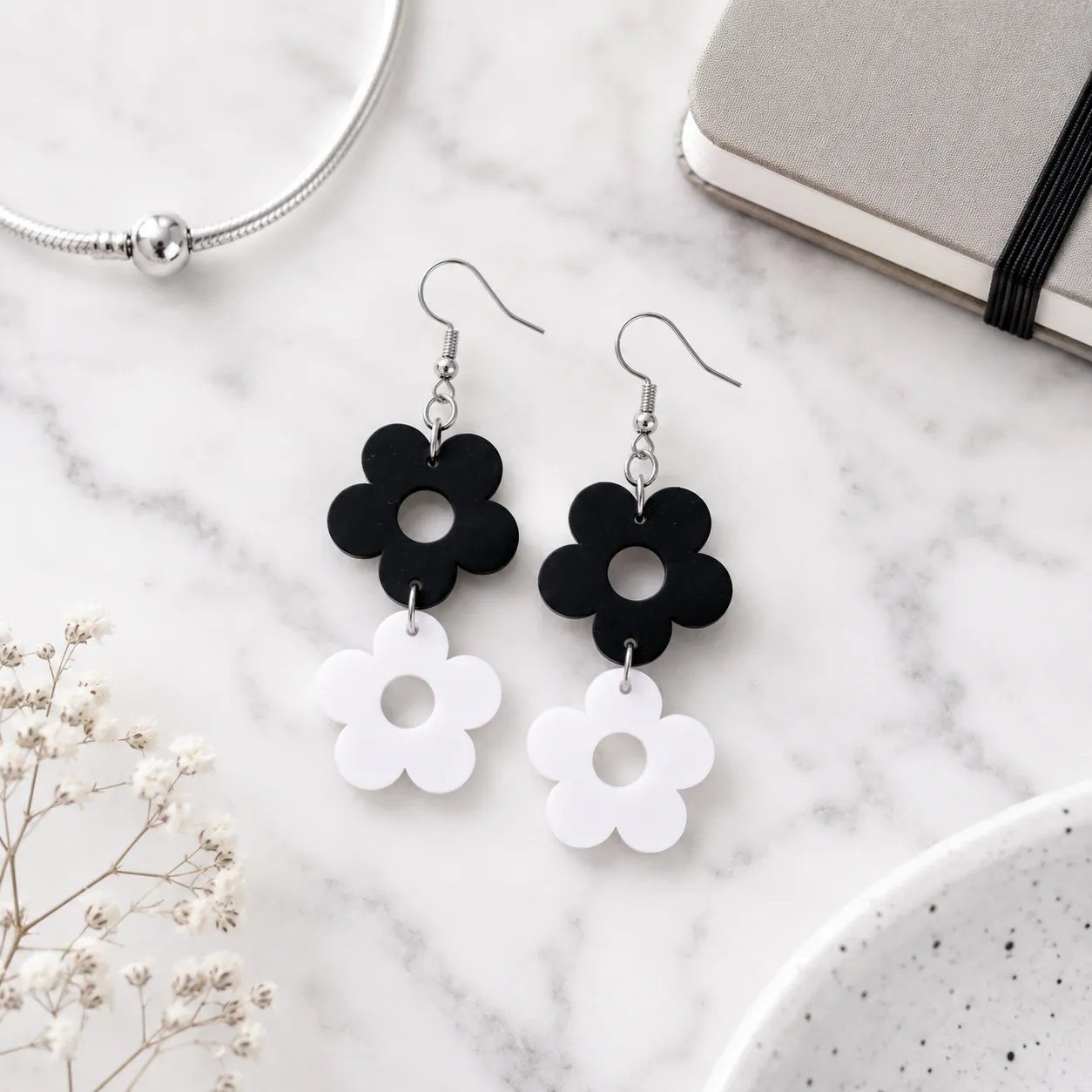 Double Daisy Black & White Acrylic Earrings Double Daisy Earrings (Black & White)
