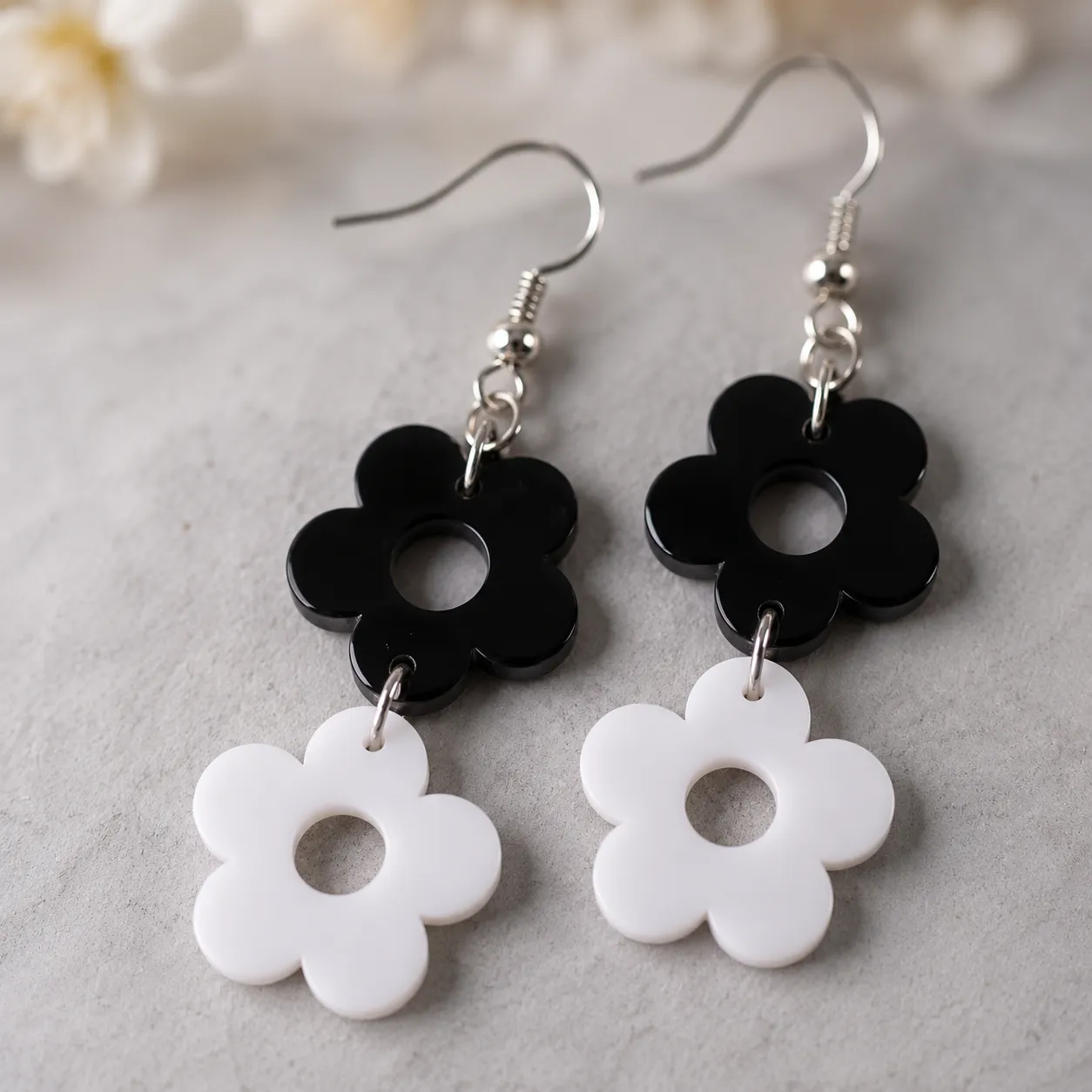 Double Daisy Black & White Acrylic Earrings Double Daisy Earrings (Black & White)