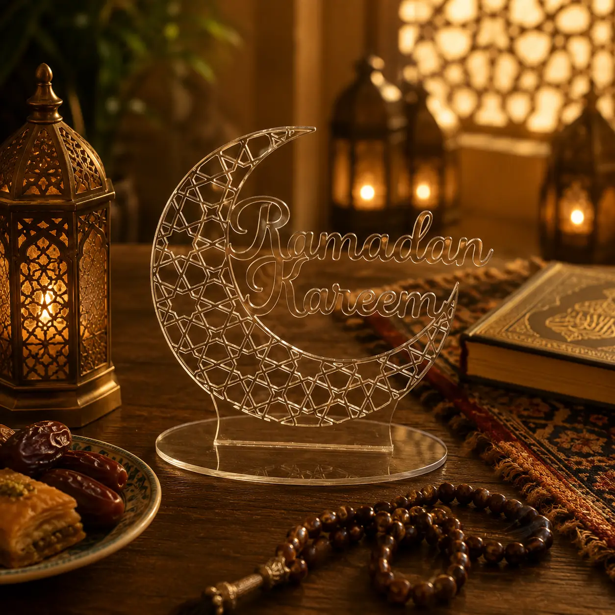 Ramadan Kareem Clear Acrylic Crescent Table Decor Geometric Crescent Ramadan Centerpiece