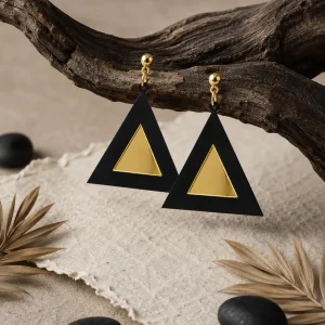 Geometric Black & Gold Pyramid Earrings