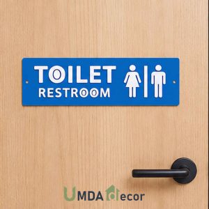 12 × 4 inches toilet / restroom sign with 2 mm raised white acrylic letters and icons on a solid 2 mm blue base.