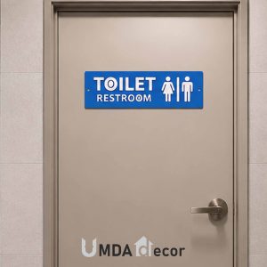 12 × 4 inches toilet / restroom sign with 2 mm raised white acrylic letters and icons on a solid 2 mm blue base.