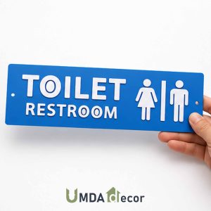 12 × 4 inches toilet / restroom sign with 2 mm raised white acrylic letters and icons on a solid 2 mm blue base.