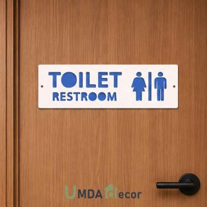 12 × 4 inches reverse-cut toilet / restroom sign: crisp white front panel 2 mm laser-cut to reveal 2 mm blue layer beneath. 4 mm total thickness, ready to mount.