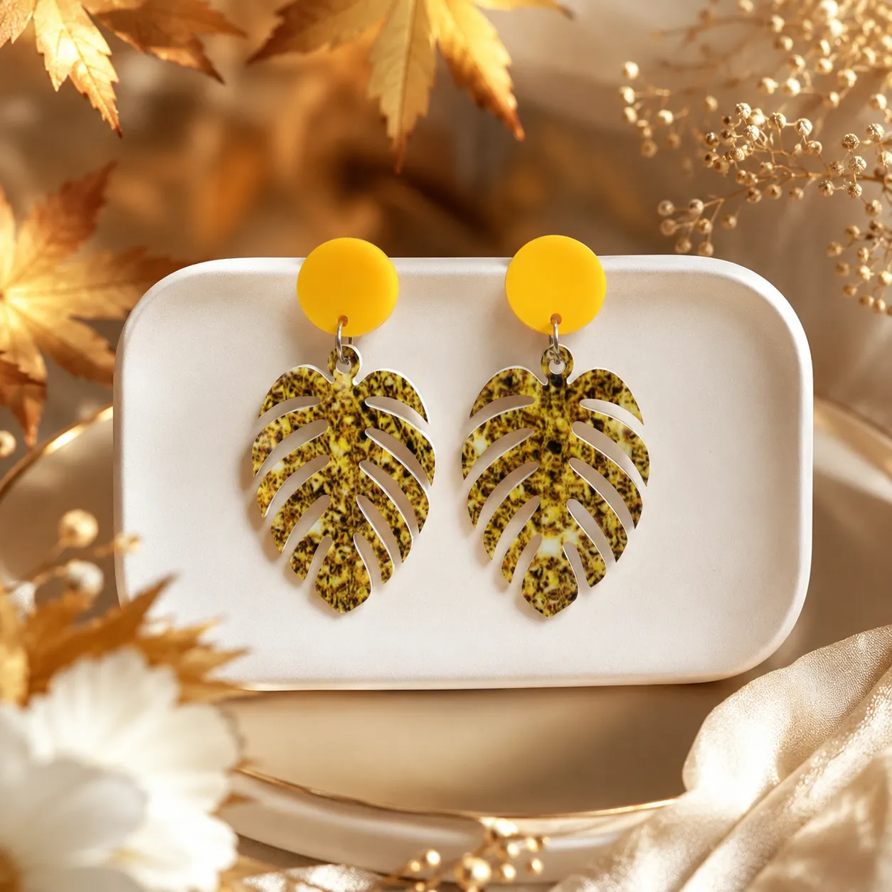 Golden Tropics Monstera Acrylic Earrings Golden Tropics Monstera Acrylic Earrings