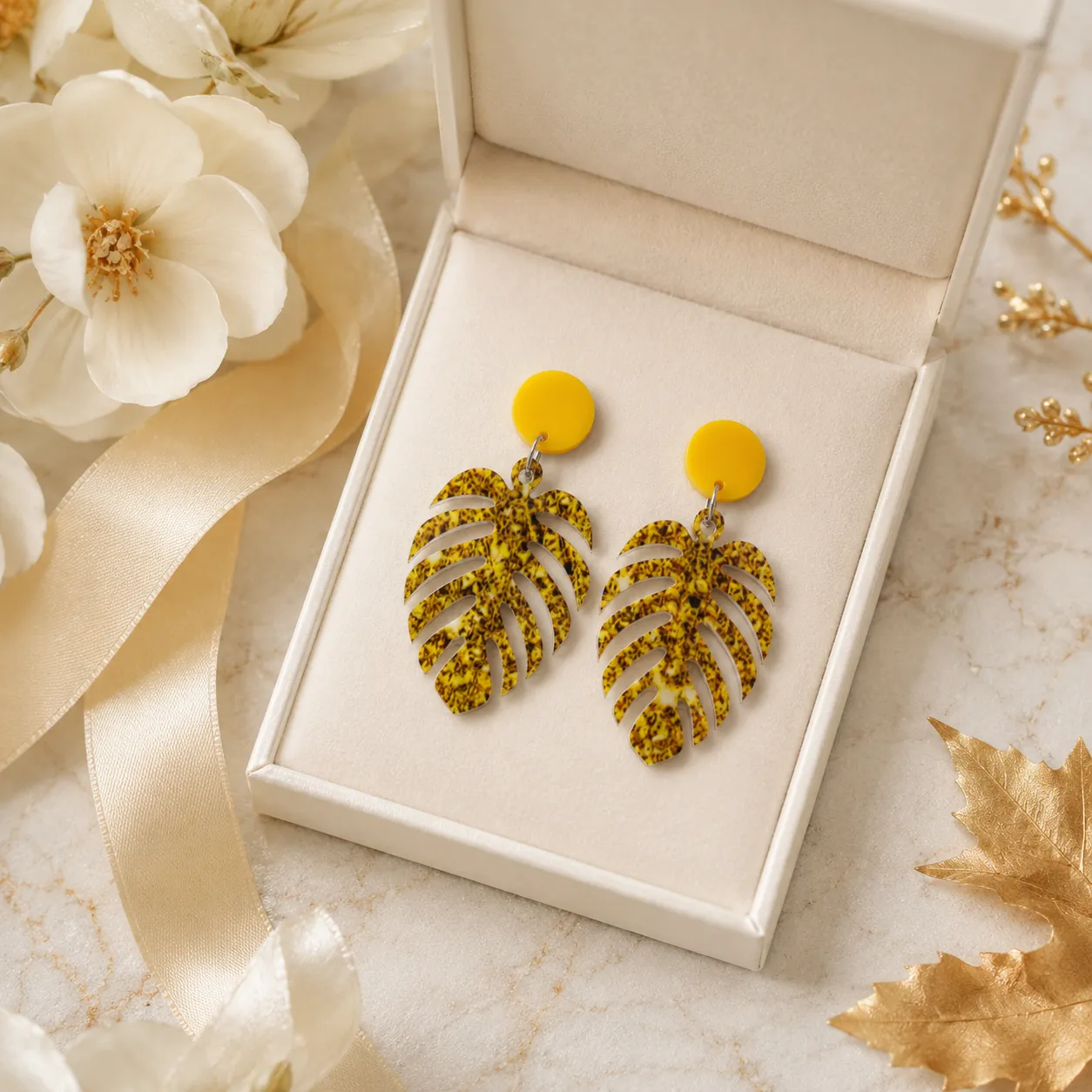 Golden Tropics Monstera Acrylic Earrings Golden Tropics Monstera Acrylic Earrings