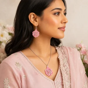 Rosy Pink Speckled Shell Acrylic Earrings & Pendant Set