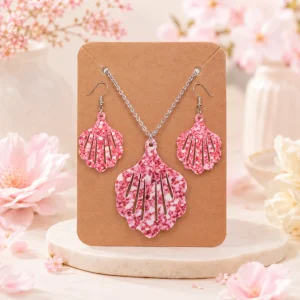 Rosy Pink Speckled Shell Acrylic Earrings & Pendant Set