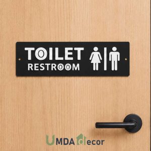 12 × 4 inches toilet / restroom sign with 2 mm raised white acrylic letters and icons on a solid 2 mm black base. pre-drilled, ready to mount.