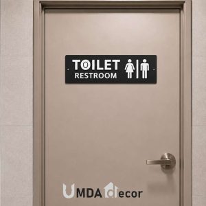12 × 4 inches toilet / restroom sign with 2 mm raised white acrylic letters and icons on a solid 2 mm black base. pre-drilled, ready to mount.