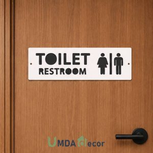 12 × 4 inches reverse-cut toilet / restroom sign: crisp white front panel 2 mm laser-cut to reveal 2 mm black layer beneath. 4 mm total thickness, ready to mount.