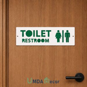 12 × 4 inches reverse-cut toilet / restroom sign: crisp white front panel 2 mm laser-cut to reveal 2 mm green layer beneath. 4 mm total thickness, ready to mount.