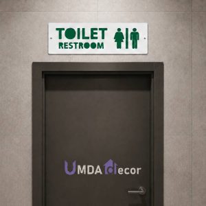 12 × 4 inches reverse-cut toilet / restroom sign: crisp white front panel 2 mm laser-cut to reveal 2 mm green layer beneath. 4 mm total thickness, ready to mount.