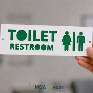 12 × 4 inches reverse-cut toilet / restroom sign: crisp white front panel 2 mm laser-cut to reveal 2 mm green layer beneath. 4 mm total thickness, ready to mount.