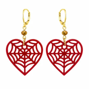 Crimson Spiderweb Heart Earrings