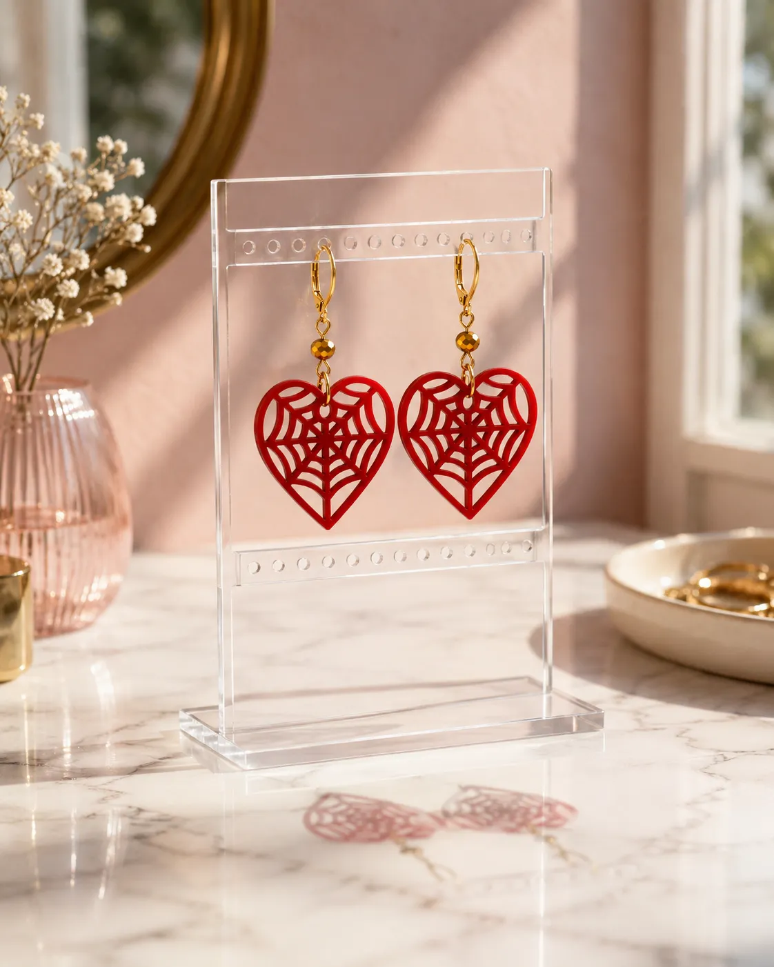 Crimson Spiderweb Heart Acrylic Earrings Crimson Spiderweb Heart Earrings