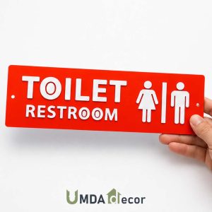 12 × 4 inches toilet / restroom sign with 2 mm raised white acrylic letters and icons on a solid 2 mm red base. pre-drilled, ready to mount.