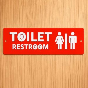 12 × 4 inches toilet / restroom sign with 2 mm raised white acrylic letters and icons on a solid 2 mm red base. pre-drilled, ready to mount.