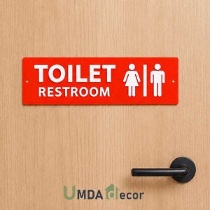 12 × 4 inches toilet / restroom sign with 2 mm raised white acrylic letters and icons on a solid 2 mm red base. pre-drilled, ready to mount.