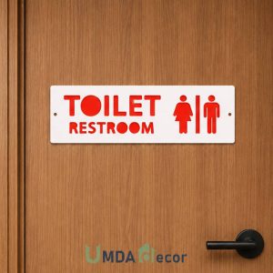 12 × 4 inches reverse-cut toilet / restroom sign: crisp white front panel 2 mm laser-cut to reveal 2 mm red layer beneath. 4 mm total thickness, ready to mount.