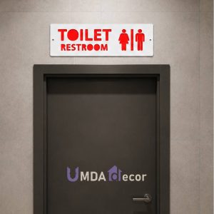 12 × 4 inches reverse-cut toilet / restroom sign: crisp white front panel 2 mm laser-cut to reveal 2 mm red layer beneath. 4 mm total thickness, ready to mount.