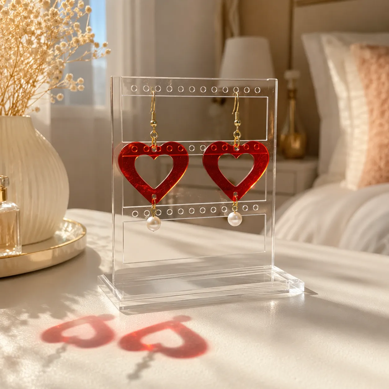 Ruby Red Heart Pearl Acrylic Earrings Ruby Red Heart Acrylic Earrings