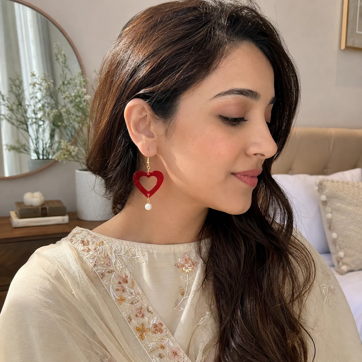Ruby Red Heart Pearl Acrylic Earrings Ruby Red Heart Acrylic Earrings
