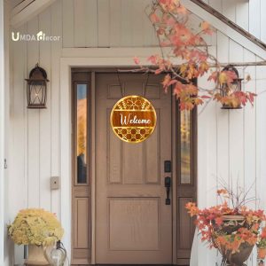 Gold Floral–Rattan Wooden Welcome Sign