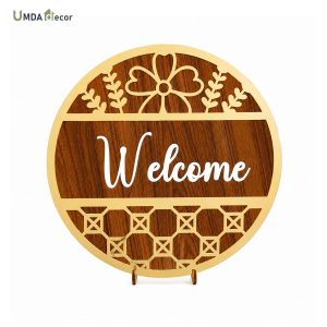 Gold Floral–Rattan Wooden Welcome Sign