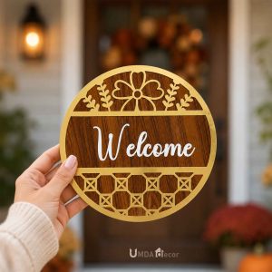 Gold Floral–Rattan Wooden Welcome Sign