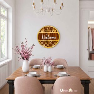Gold Floral–Rattan Wooden Welcome Sign