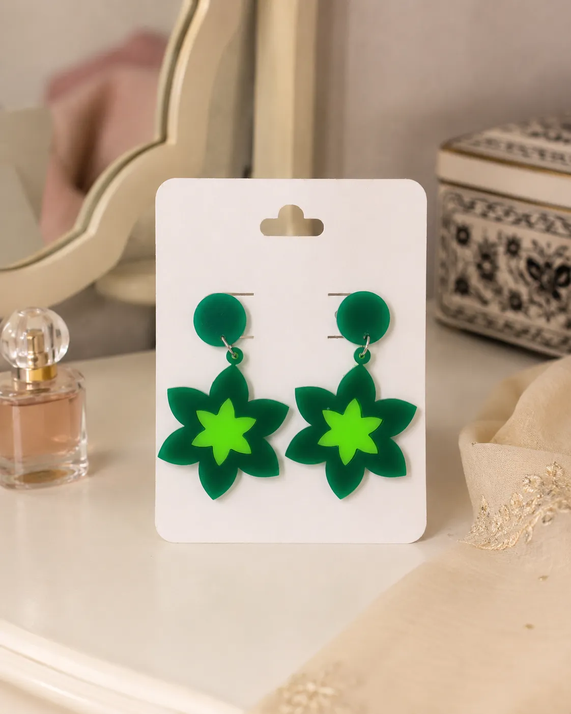 Green Floral Drop Earrings Green Floral Drop Earrings
